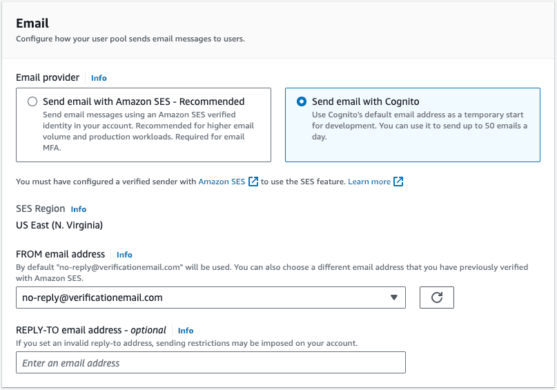 Cognito User Pool Email settings