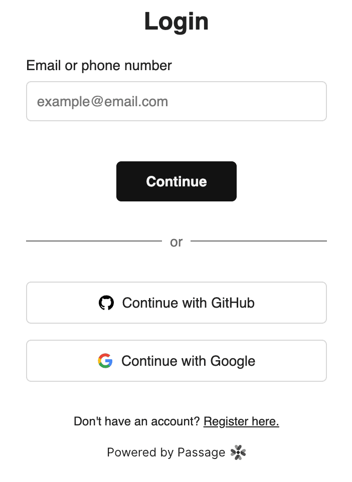 Passage login element showing Github and Google social connection options