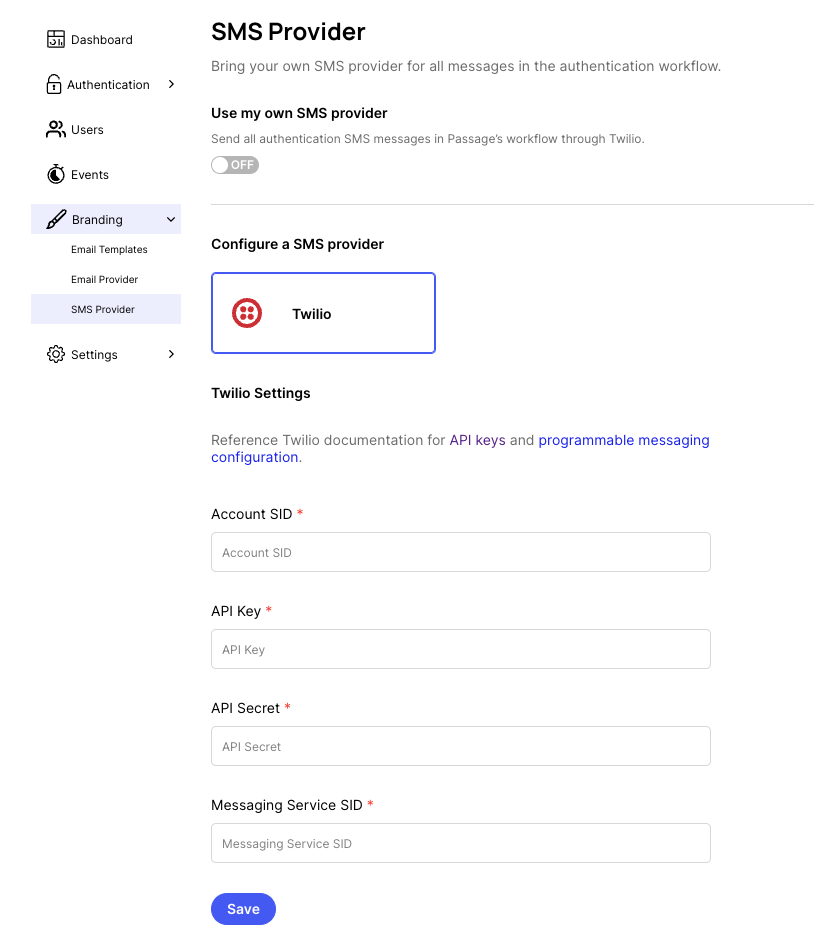 Console configure sms settings for Twilio