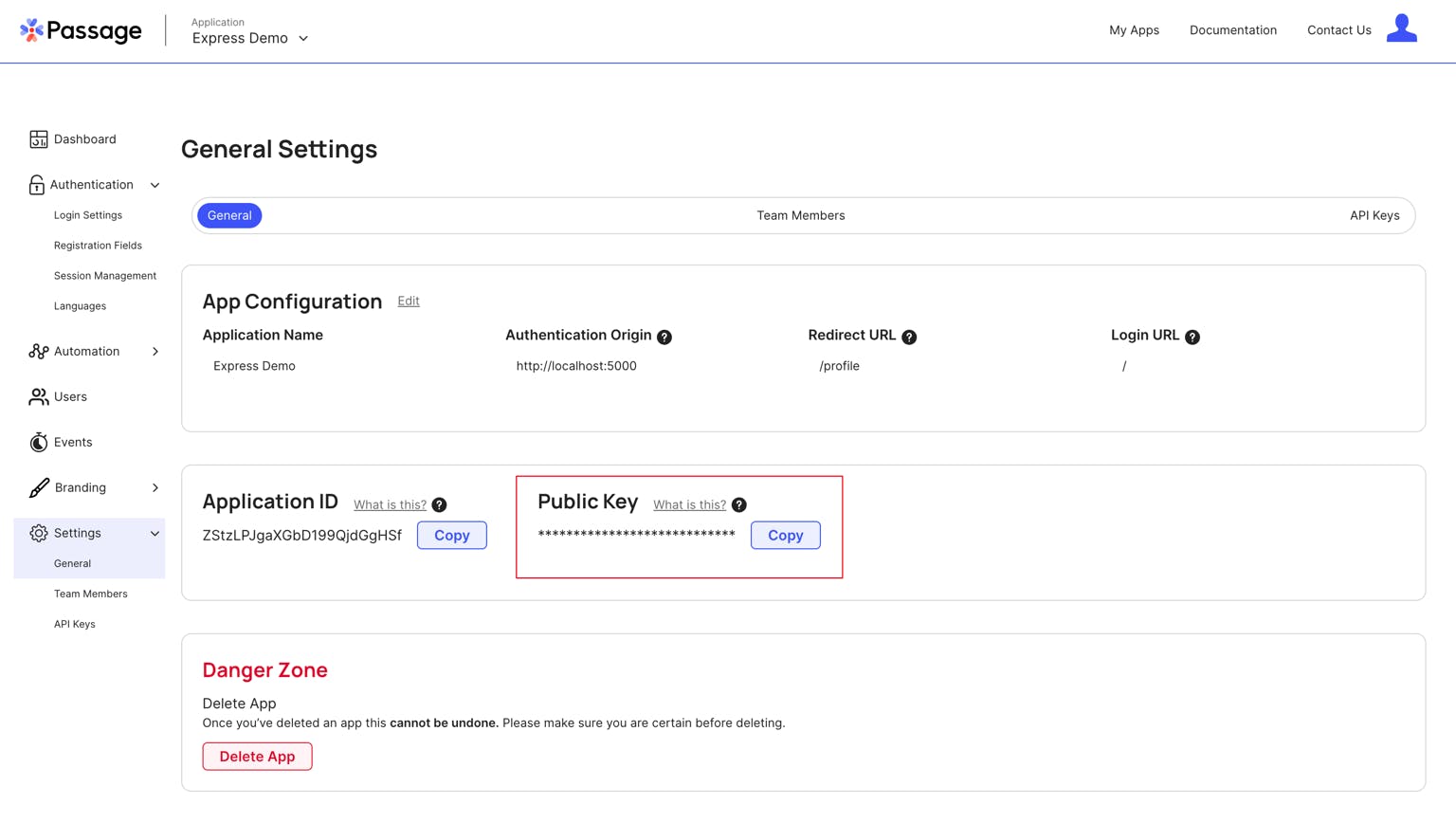 Screen showing general settings page in console higlighting public key