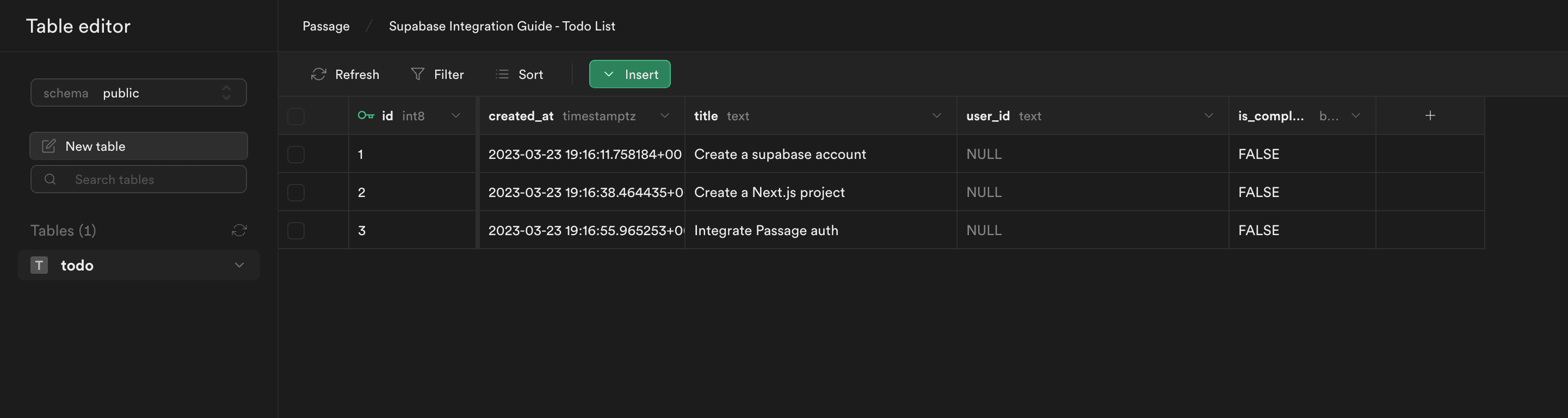 Supabase table editor